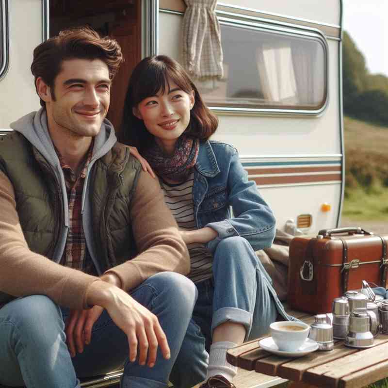 Couple enjoying their caravan